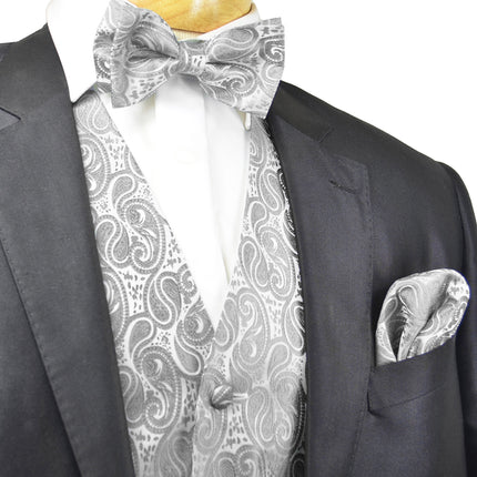 Silver-Grey Paisley Tuxedo Vest Set Paul Malone Vest - Paul Malone.com
