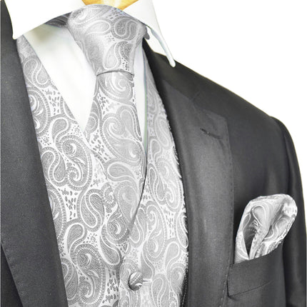 Silver-Grey Paisley Tuxedo Vest Set Paul Malone Vest - Paul Malone.com