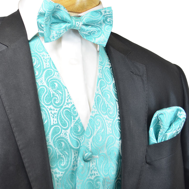 Aqua Blue Paisley Tuxedo Vest Set Paul Malone Vest - Paul Malone.com