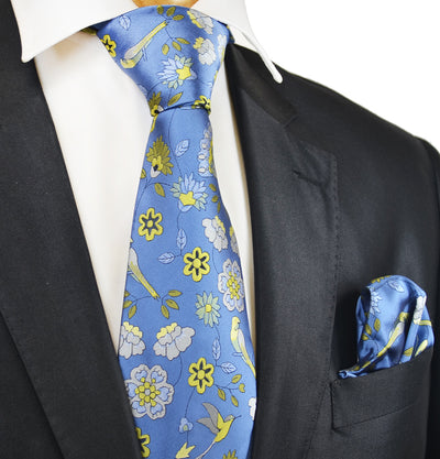 Azure Blue Floral 7-fold Silk Tie Set Verse9 Ties - Paul Malone.com