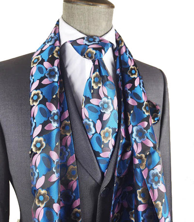 Parisien Blue Patterned 100% Silk Tie, Scarf and Pocket Square Verse9 Ties - Paul Malone.com