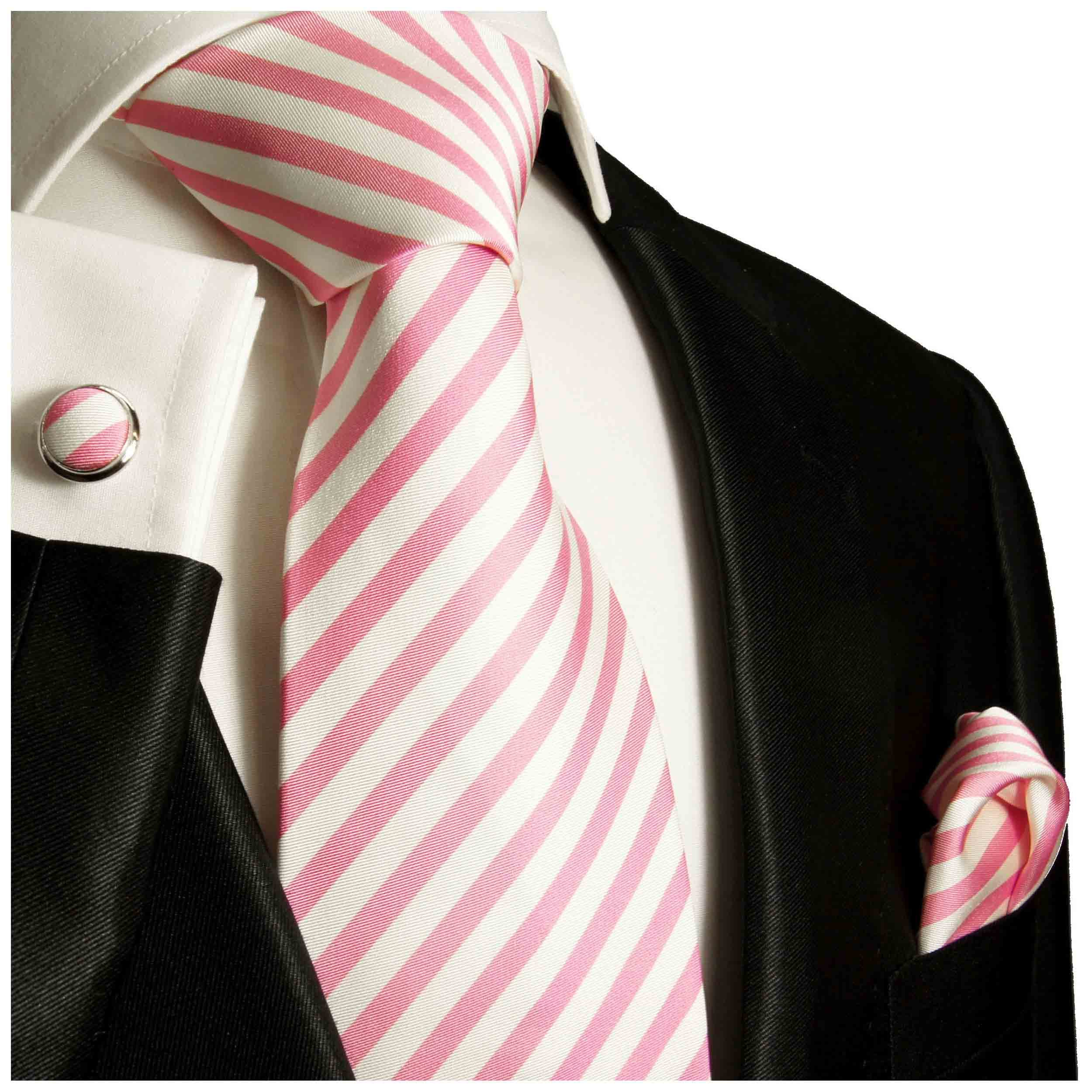Pink and Cream Silk Tie, Pocket Square and Cufflinks Set