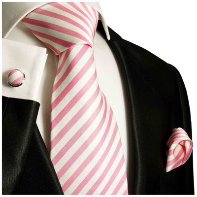 Pink and Cream Silk Tie, Pocket Square and Cufflinks Set Paul Malone Ties - Paul Malone.com