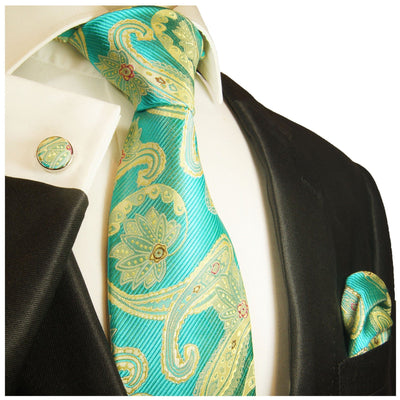 Extra Long Angel Blue and Gold Paisley Silk Necktie Set By Paul Malone Paul Malone Ties - Paul Malone.com