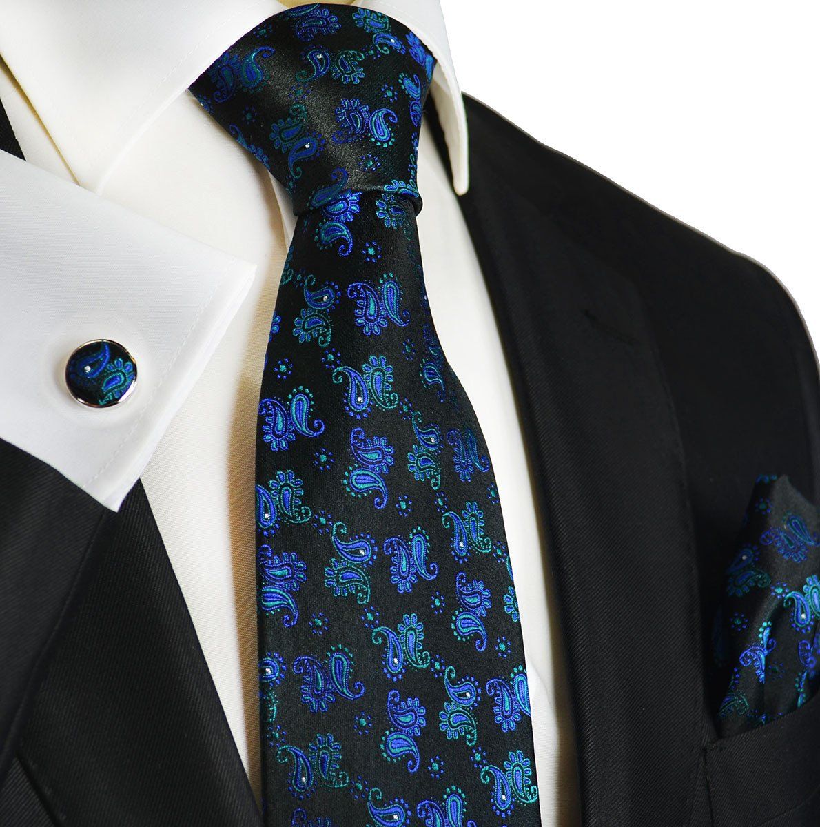 Blue Turquoise on Black Paisley Silk Tie Set by Paul Malone | Paul Malone