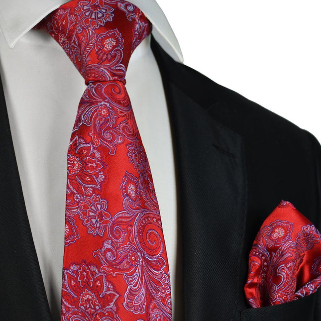Red Patterned Paul Malone Men's Tie and matching Pocket Square Paul Malone Ties - Paul Malone.com