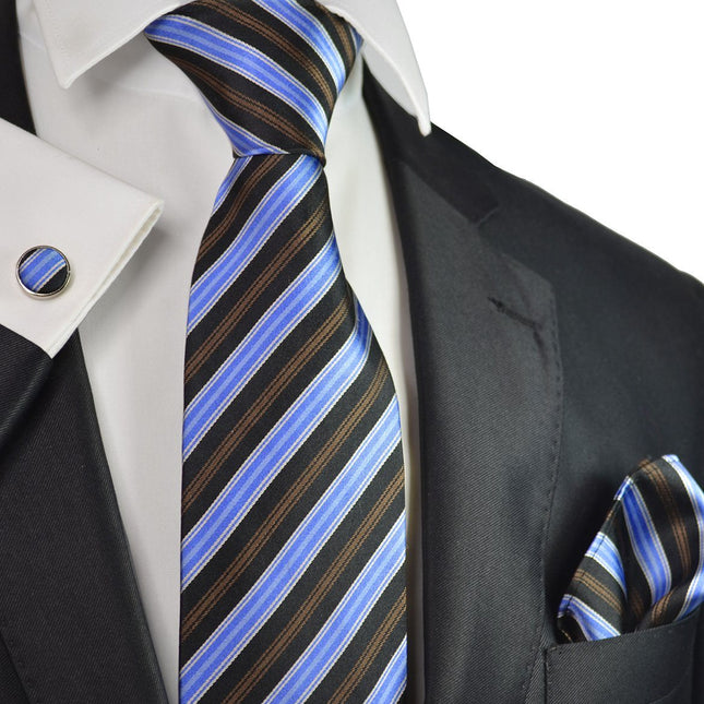Blue, Brown and Black Striped Silk Tie Set Paul Malone Ties - Paul Malone.com