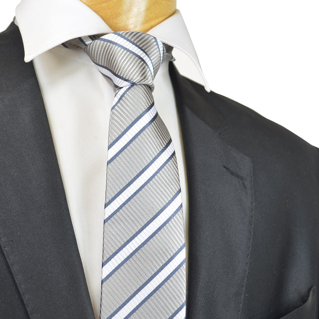 Slim Grey and White Striped Silk Tie Paul Malone Ties - Paul Malone.com