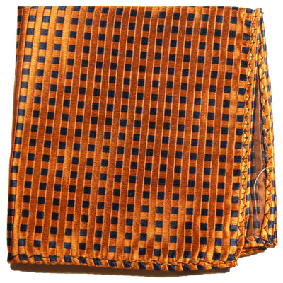 Orange and Navy Checkered Silk Pocket Square Paul Malone  - Paul Malone.com