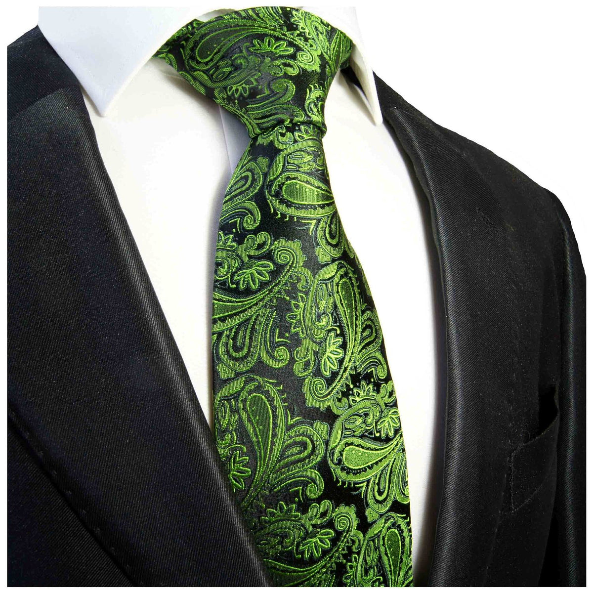 Silk Necktie by Paul Malone in Green and Black Paisley | Paul Malone