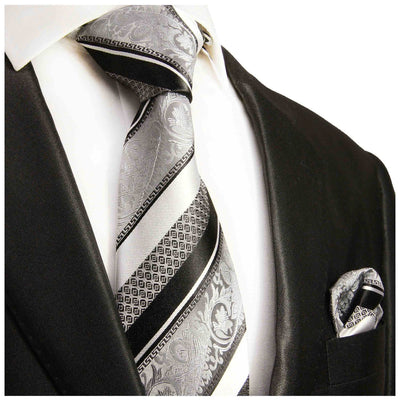 Silver and Black Silk Men's Necktie and Pocket Square Paul Malone Ties - Paul Malone.com