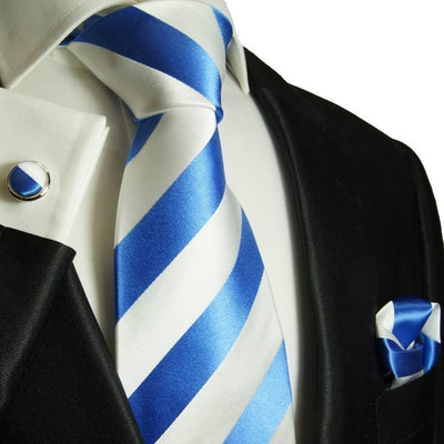 Blue and White Block Striped Silk Tie and Accessories Paul Malone Ties - Paul Malone.com