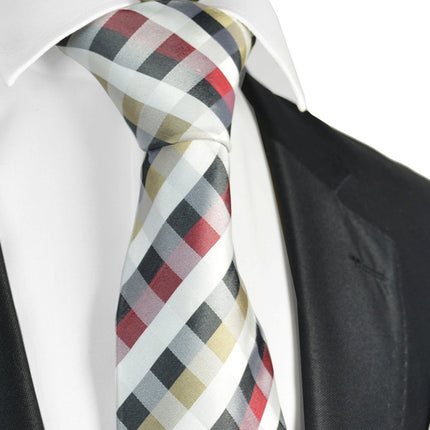 Cream and Red Plaid Silk Necktie Paul Malone Ties - Paul Malone.com