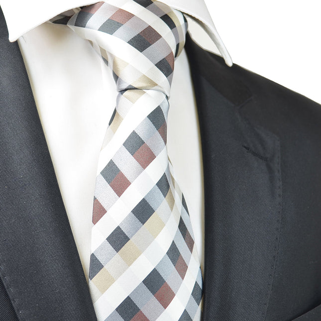 Tan and Brown Plaid Silk Necktie by Paul Malone Paul Malone Ties - Paul Malone.com