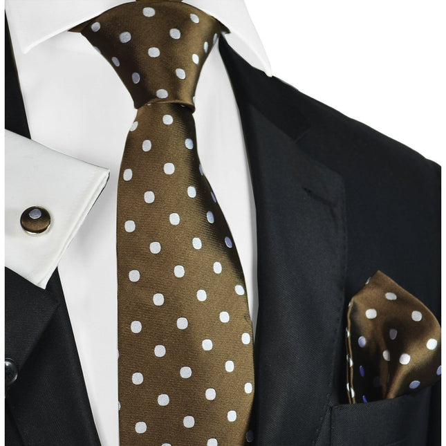 Silver on Brown Polka Dotted Tie Set Paul Malone Ties - Paul Malone.com