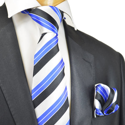 Royal Blue, White and Black Striped Silk Necktie Set Paul Malone Ties - Paul Malone.com