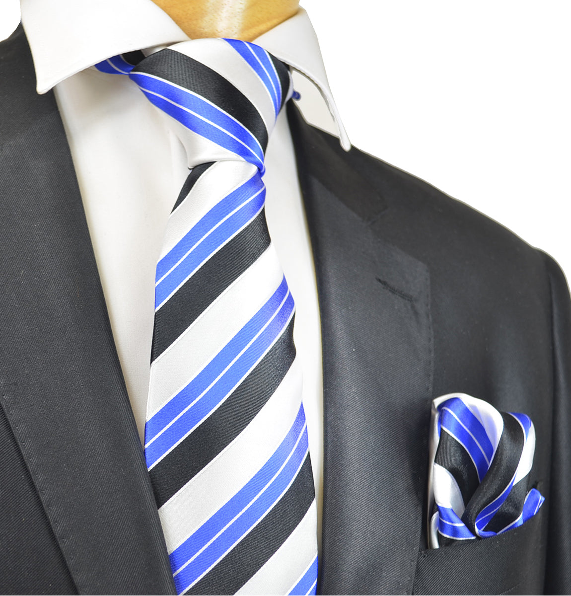Royal Blue, White and Black Striped Silk Necktie Set Regular Tie (58in. x 3.5in.) / Blue Royal Blue, White and Black Striped Silk Necktie Set Regular Tie (58in. x 3.5in.) / Blue