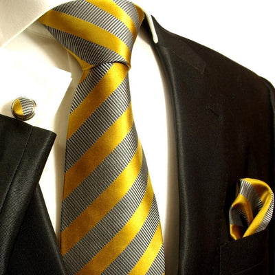 Gold and Grey Striped Silk Tie and Accessories in Silk Paul Malone Ties - Paul Malone.com