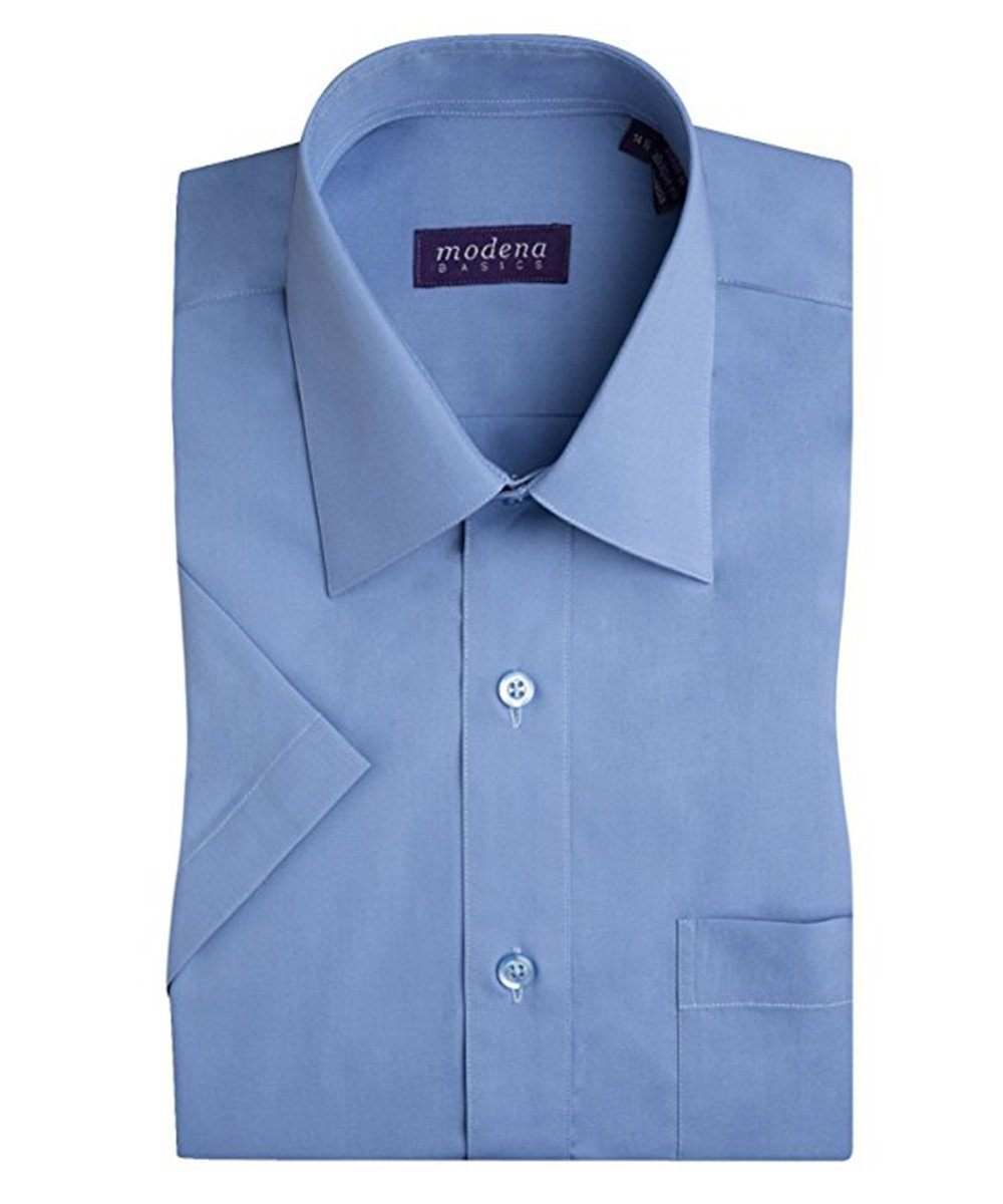 Solid Blue Poplin Short Sleeve Dress Shirt | Paul Malone