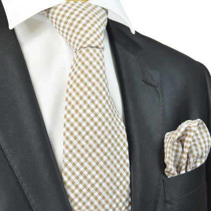 Camel and White Gingham Cotton Tie Paul Malone Ties - Paul Malone.com
