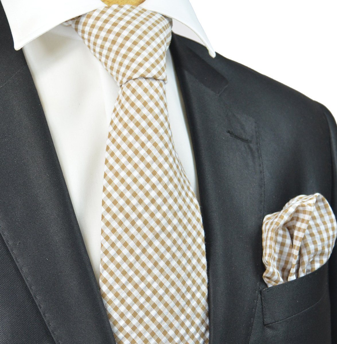 Camel and White Gingham Cotton Tie Paul Malone Camel and White Gingham Cotton Tie Paul Malone