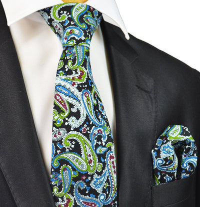 Black, Green and Blue Paisley Cotton Tie Paul Malone Ties - Paul Malone.com