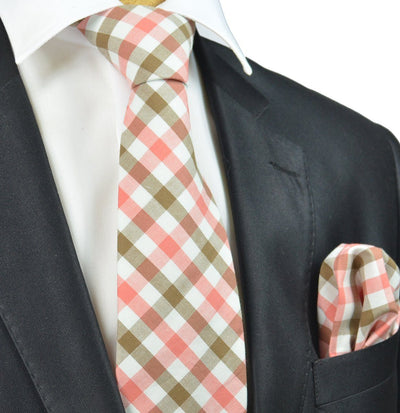 Coral and Tan Checkered Cotton Necktie Paul Malone Ties - Paul Malone.com