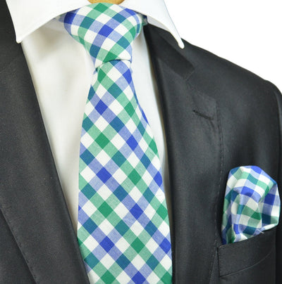 Green and Blue Checkered Cotton Necktie Paul Malone Ties - Paul Malone.com