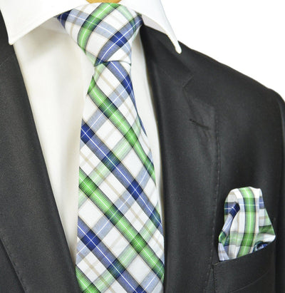 Green, Blue and White Checked Cotton Necktie Paul Malone Ties - Paul Malone.com