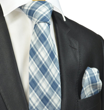 Colony Blue Plaid Cotton and Linen Necktie Paul Malone Ties - Paul Malone.com
