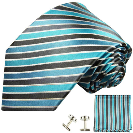 Cyan Blue and Black Striped Silk Tie Set Paul Malone Ties - Paul Malone.com