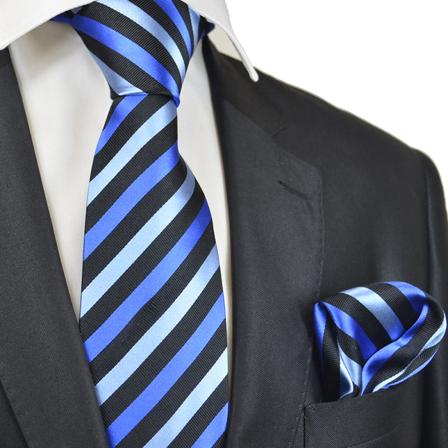 Blue and Black Striped Silk Tie Set by Paul Malone Paul Malone Ties - Paul Malone.com