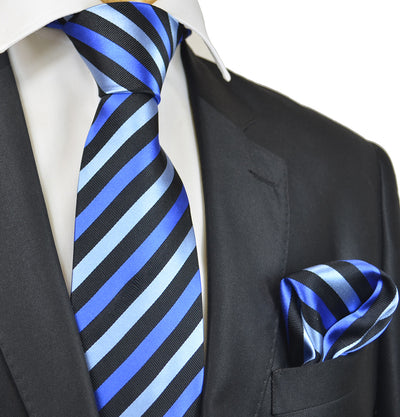 Blue and Black Striped Silk Tie Set by Paul Malone Paul Malone Ties - Paul Malone.com