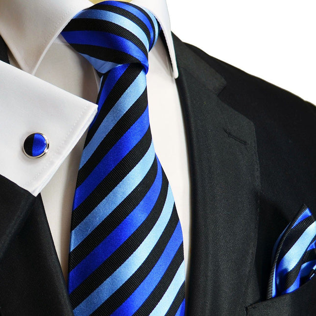 Blue and Black Striped Silk Tie Set by Paul Malone Paul Malone Ties - Paul Malone.com