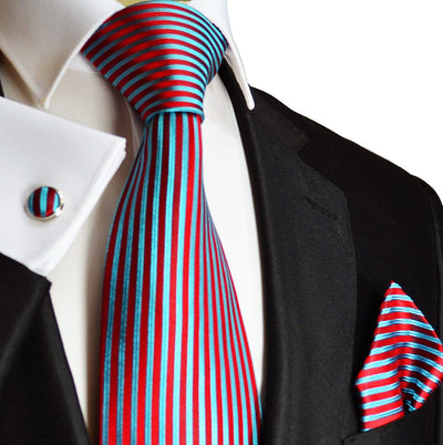 Extra Long Red and Turquoise Striped Silk Necktie Set Paul Malone Ties - Paul Malone.com