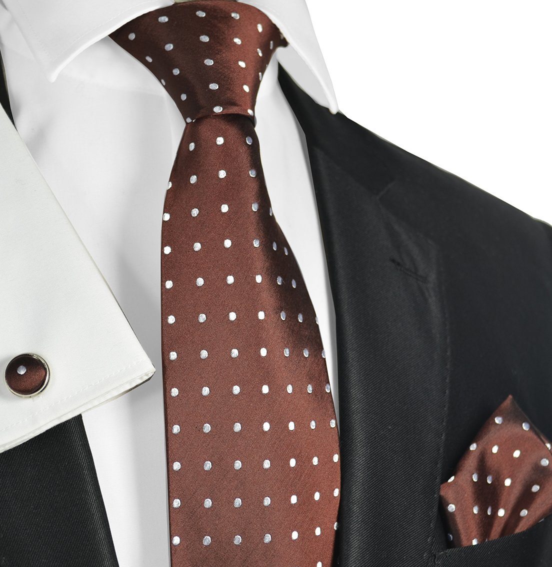 Brown and White Polka Dots Silk Tie Set | Paul Malone