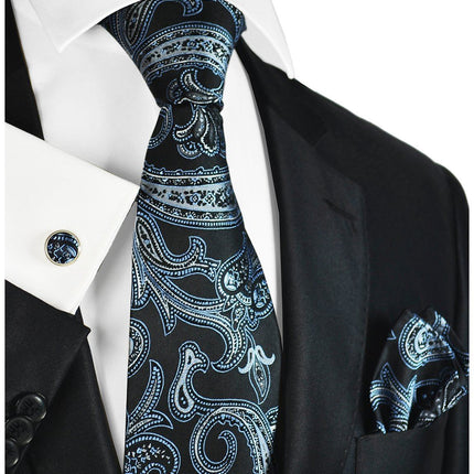 Black with Silver and Blue Paisleys Silk Tie and Accessories Paul Malone Ties - Paul Malone.com