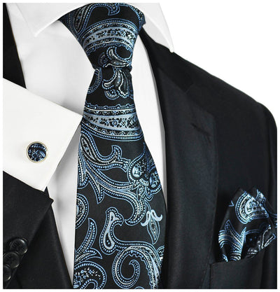 Black with Silver and Blue Paisleys Silk Tie and Accessories | Paul Malone