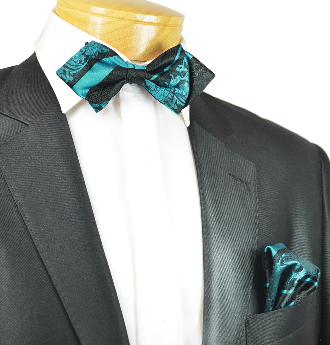 teal bow tie with black suit