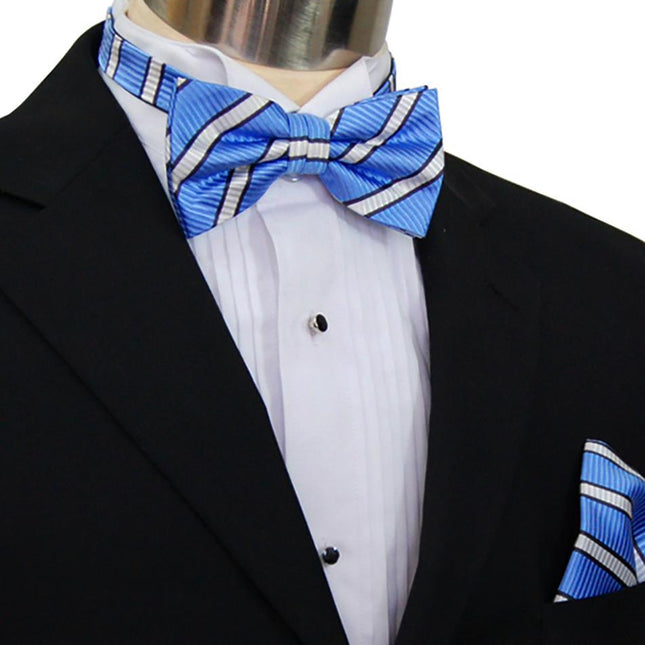 Blue and White Striped Silk Bow Tie and Pocket Square Paul Malone Bow Ties - Paul Malone.com