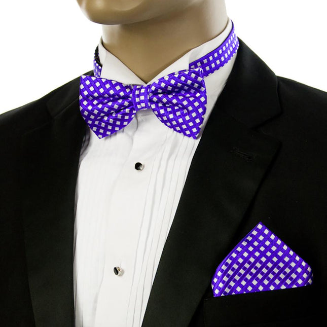 Purple Checkered Silk Bow Tie and Pocket Square Paul Malone Bow Ties - Paul Malone.com