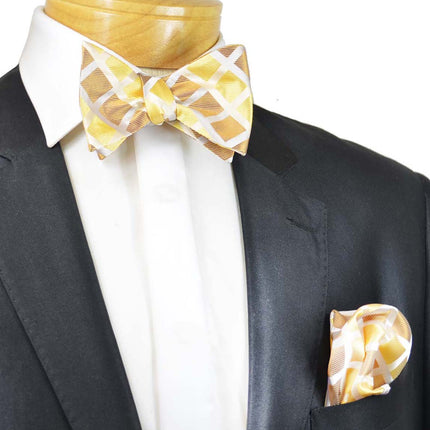 Gold and Tan Checkered Silk Bow Tie Set Paul Malone Bow Ties - Paul Malone.com