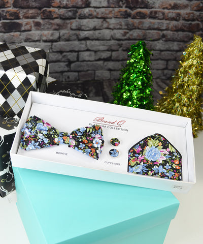 Blue, Green and Black Flower Bow Tie Gift Box Set Brand Q Gift Box - Paul Malone.com