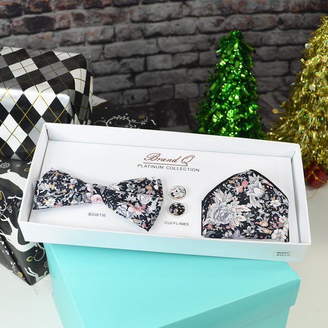 Black and Grey Flower Bow Tie Gift Box Set Brand Q Gift Box - Paul Malone.com