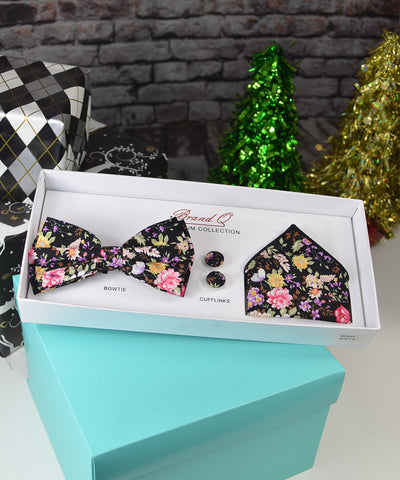 Black and Pink Flower Bow Tie Gift Box Set Brand Q Gift Box - Paul Malone.com