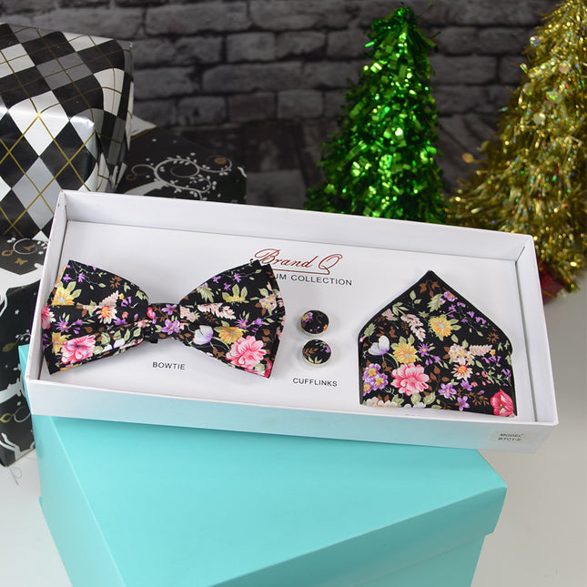 Black and Pink Flower Bow Tie Gift Box Set Brand Q Gift Box - Paul Malone.com