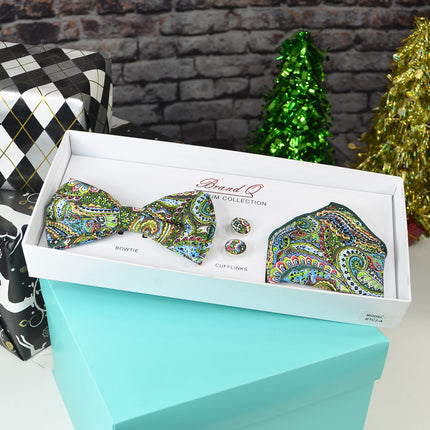 Kashmir Green Paisley Bow Tie Gift Box Set Brand Q Gift Box - Paul Malone.com
