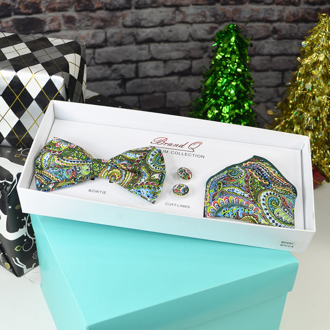 Kashmir Green Paisley Bow Tie Gift Box Set Brand Q Gift Box - Paul Malone.com
