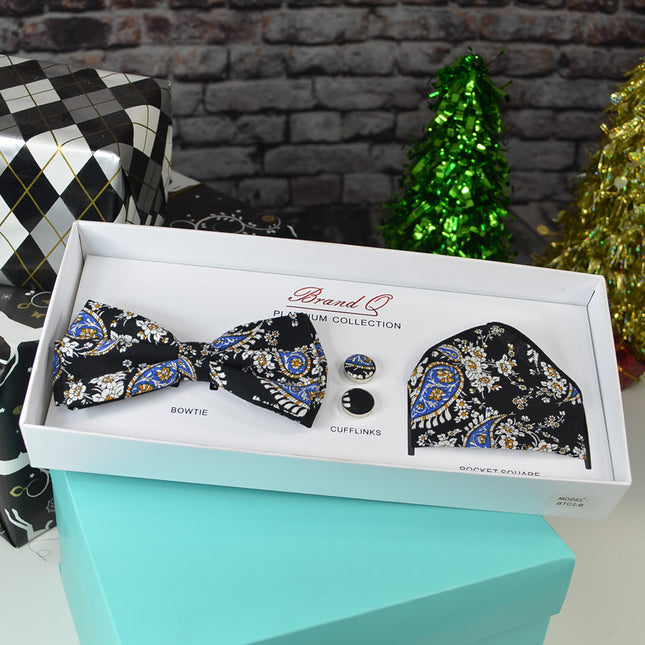 Black and Blue Paisley Bow Tie Gift Box Set Brand Q Gift Box - Paul Malone.com