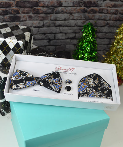 Black and Blue Paisley Bow Tie Gift Box Set Brand Q Gift Box - Paul Malone.com